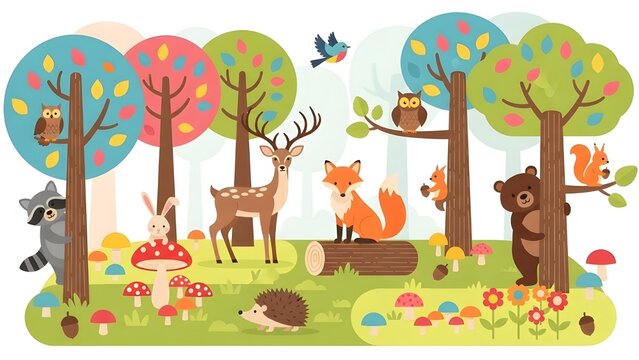 Ilustraci&oacute;n vectorial de lindos animales del bosque, incluidos ciervos, conejos, erizos, osos, zorros, mapaches, p&aacute;jaros, b&uacute;hos y ardillas.