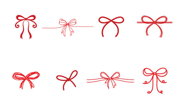Doodle gift bow. Simple doodle red bows with string and knot for present. Minimalist line art vector for Christmas celebration and coquette holiday decoration, birthday party or festive package