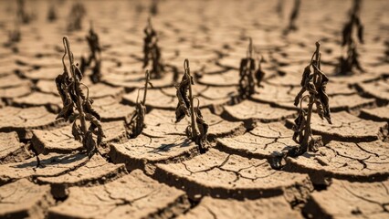 Dry cracked earth with withered plants in a parched landscape