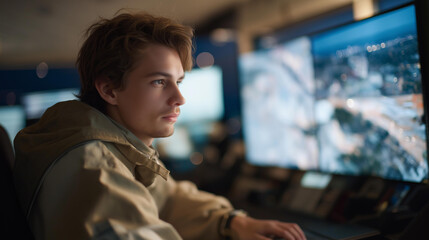 A warehouse operations control room monitoring autonomous forklifts, robotic picking arms, and conveyor systems while optimizing throughput during peak demand hours. cinematic color correction,