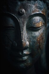 Close-up of weathered Buddha statue face