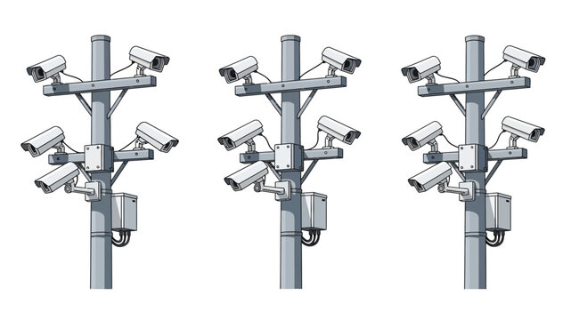 Multiple surveillance camera poles with numerous cameras in a row