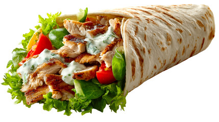 Delicious chicken wrap filled with fresh lettuce, tomatoes, cucumbers, and creamy sauce, perfect for fast food menus and healthy eating promotions