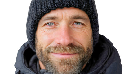 Portrait of a happy man with a beard wearing a black winter hat isolated on white background, a smiling male face in warm knitwear, cold season concept.