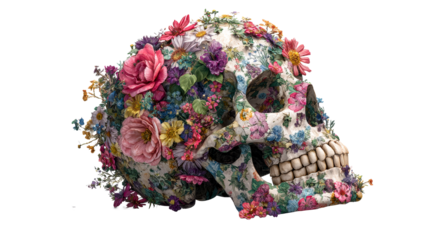 A human skull covered in vibrant, blooming flowers and greenery symbolizing life and decay, perfect for conveying themes of mortality, natures cycle, and the ephemeral beauty of existence