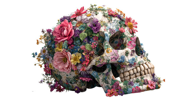 A human skull covered in vibrant, blooming flowers and greenery symbolizing life and decay, perfect for conveying themes of mortality, natures cycle, and the ephemeral beauty of existence