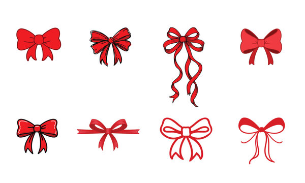 Doodle gift bow. Simple doodle red bows with string and knot for present. Minimalist line art vector for Christmas celebration and coquette holiday decoration, birthday party or festive package