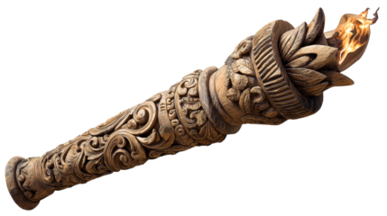 Intricately carved wooden torch with flames burning brightly, perfect for conveying themes of illumination, ancient traditions, or symbolic light in projects.