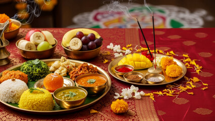 Naklejka premium Thaipusam festival table setting with Indian food offerings, fruits, incense and flowers on red background.