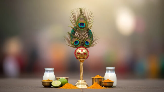 Thaipusam celebration concept with golden Vel, peacock feathers, milk offerings and turmeric.