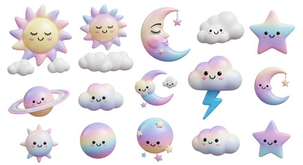 Fototapeta premium Whimsical Pastel 3D Celestial Weather Icons Set Cute Sun Moon Stars Clouds Nursery Decor Baby Shower Graphics