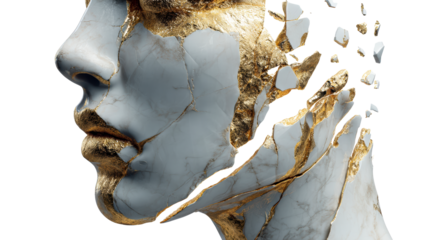 Sculptural Fragment of Marble Face Crumbles Revealing Golden Interior, Symbolizing Destruction and Rebirth for Media and Design Projects