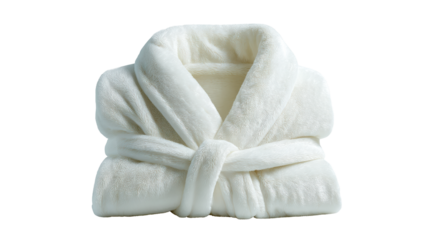 Plush white bathrobe tied with a belt, creating a cozy and luxurious feel perfect for spa experiences, relaxation, and comfort in home care.