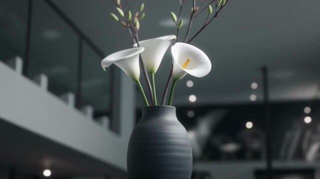 White Calla Lilies in Modern Gray Vase Minimalist Interior Decor