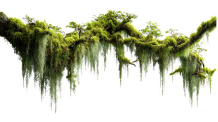 Lush ancient tree branch covered in vibrant green moss and delicate hanging vines, perfect for nature scene creation and fantasy forest imagery.