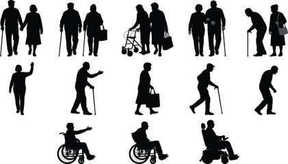 Set of elderly people silhouettes featuring senior couples walking, individuals with canes, walkers, and people using wheelchairs isolated on white,
