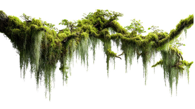 Lush ancient tree branch covered in vibrant green moss and delicate hanging vines, perfect for nature scene creation and fantasy forest imagery.