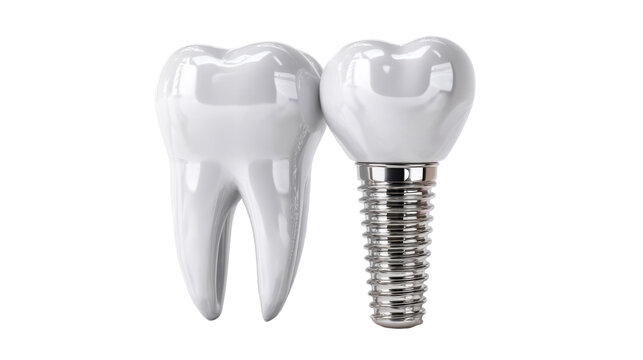 Healthy human tooth next to a modern dental implant screw, showcasing dental health and advanced restorative treatment options for oral care.