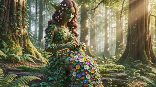 Fantasy Knitting with Vines and Ivy Leaves Blooming in Forest 3D Render