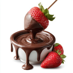 Fresh strawberry being dipped into rich chocolate fondue fountain, with additional strawberries on side, creating delicious and indulgent scene