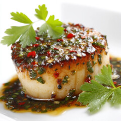 Close up of seared scallop garnished with fresh herbs and flavorful sauce, creating vibrant and appetizing presentation. dish is served on white plate