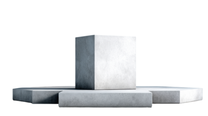Minimalist concrete pedestals of varying heights showcase a modern stage display perfect for product presentations or architectural exhibits.