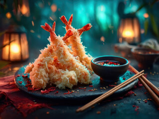 Crispy tempura shrimp with glossy dipping sauce on dark plate, surrounded by warm ambient lighting and chopsticks, creating cozy dining atmosphere