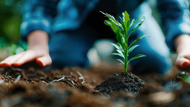 Child planting a small green sapling in forest soil, hands gently pressing earth around young plant, symbolizing nature care and sustainability