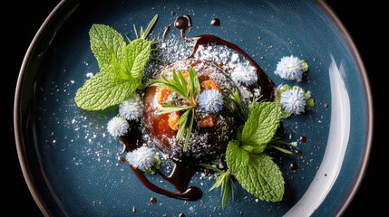 Beautifully plated dessert on blue dish features chocolate dome garnished with fresh mint leaves, delicate blue flowers, and drizzle of chocolate sauce, creating elegant presentation