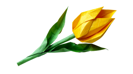 Handmade yellow origami tulip flower with green paper leaves and stem, offering a delicate touch for celebrations, decor, or crafts.