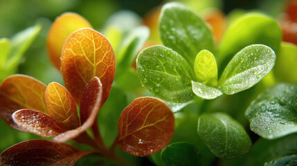 Close up of vibrant green and red microgreens with dewdrops, showcasing their fresh and healthy appearance. detailed texture of leaves is highlighted