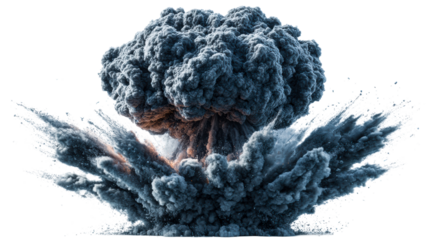 Massive, dark gray smoke plume explodes outwards with orange glow at the core, symbolizing destruction and power, perfect for disaster or impactful event visualizations