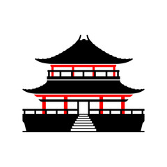 Black and red Chinese temple with pagoda roof without background.