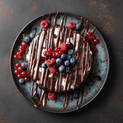 Flat lay of chocolate cake drizzled with rich chocolate sauce, topped with fresh raspberries, blueberries, and red currants on rustic plate. dessert looks indulgent and inviting