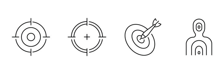Target shooting icon set, crosshair focus, precise aim plus, arrow dart bullseye, human silhouette practice outline vector illustration. © suman