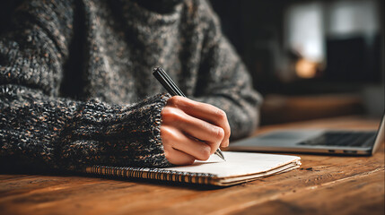 Person wearing cozy sweater writing in notebook with pen and laptop nearby image