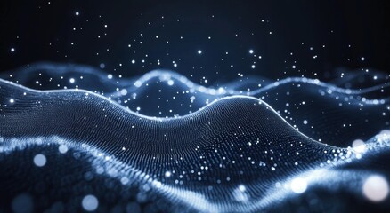 An abstract undulating surface of luminous dots, reminiscent of a digital landscape or a quantum grid.