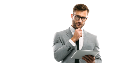 Thoughtful businessman wearing glasses and suit holding tablet and resting chin on hand contemplating ideas for business strategy and success