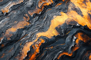 An abstract texture with vibrant orange and black layers, reminiscent of lava or minerals. It creates depth and contrast.