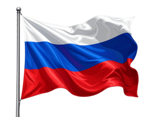 Russian Flag Fluttering with Strong Wind Effect, Angled Pole Perspective, Patriotic Illustration