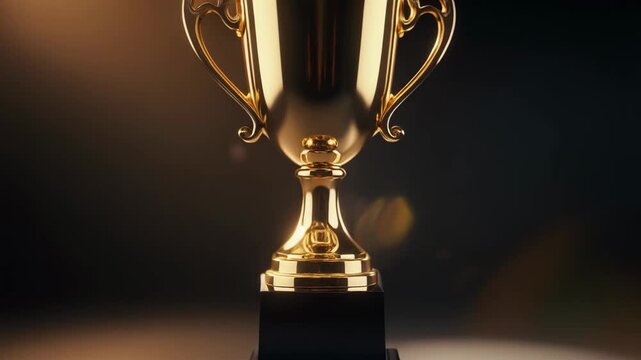 Iconic Golden Trophy Award on a Pedestal with Dramatic Spotlight, Signifying Ultimate Success and Prestige