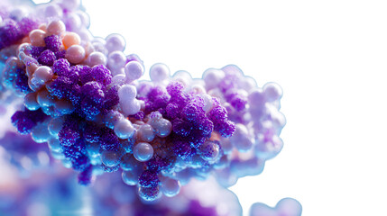 Abstract closeup of purple and pink spheres with blue light, perfect for medical or scientific communication visuals.