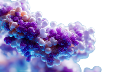 Abstract closeup of purple and pink spheres with blue light, perfect for medical or scientific communication visuals.