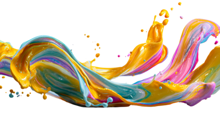 Vibrant liquid splash with swirling colors of yellow pink blue and teal, perfect for abstract backgrounds or dynamic visual effects in marketing and design projects