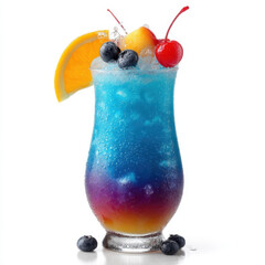 Vibrant cocktail glass filled with colorful layered drink, garnished with cherry, orange slice, and blueberries, evokes refreshing and tropical vibe
