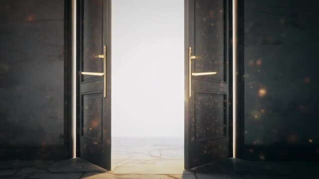 A mysterious double door opens to reveal a bright divine light in a dark room. Conceptual sequence representing hope new beginnings and future opportunity