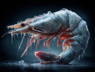 Glistening frozen prawn with ice shards illuminated against dark background, showcasing its detailed texture and vibrant colors