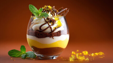 Gourmet dessert in glass with layers of chocolate mousse, vanilla sponge, and cream, topped with chocolate drizzle and mint leaves, on warm brown background