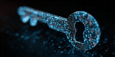 Digital representation of a key formed by glowing data points illuminates a dark background.