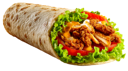 Delicious fried chicken wrap with fresh lettuce and tomato, a savory and satisfying meal option for fast food and casual dining promotions